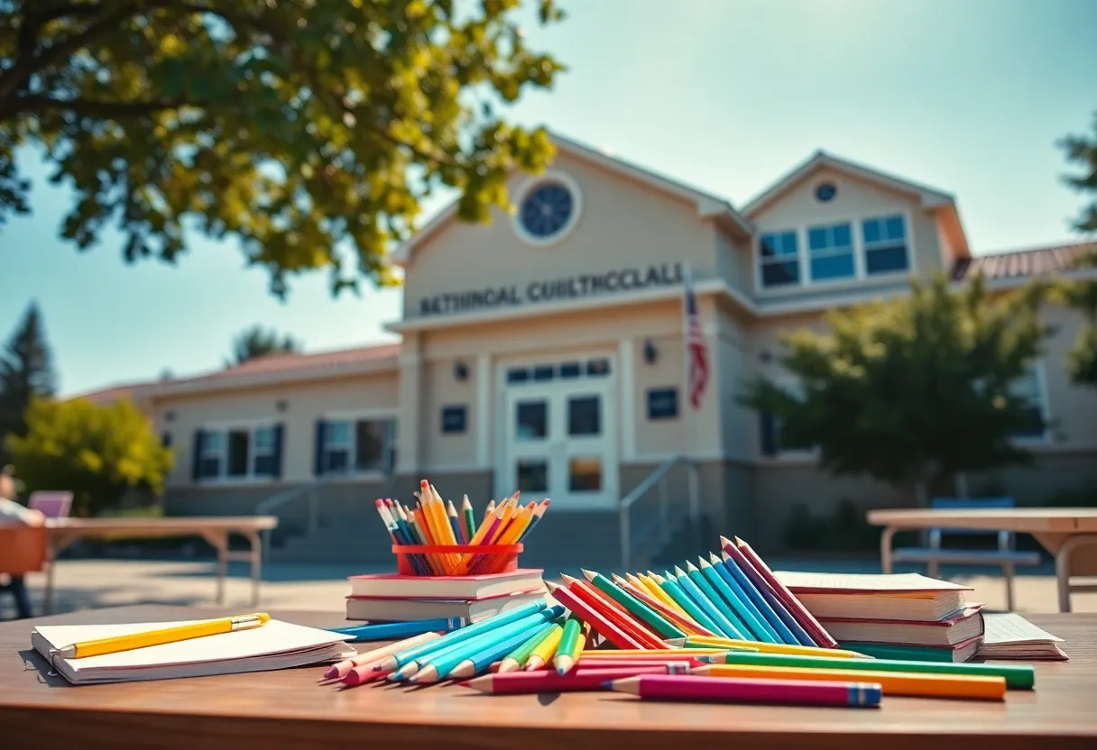 A colorful display of school supplies representing California schools preparing for the academic year.