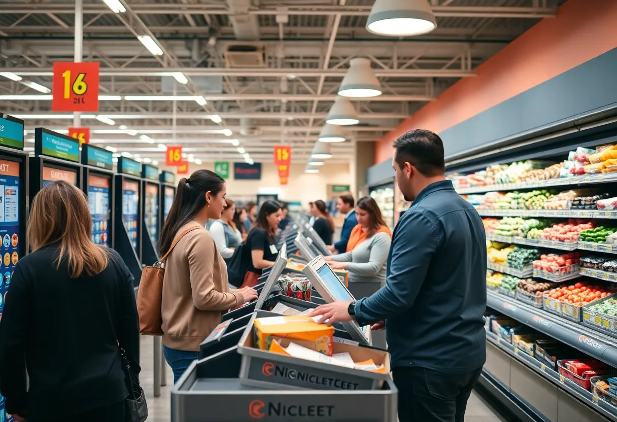 Customers using self-checkout lanes in a grocery store with a cashier present.
