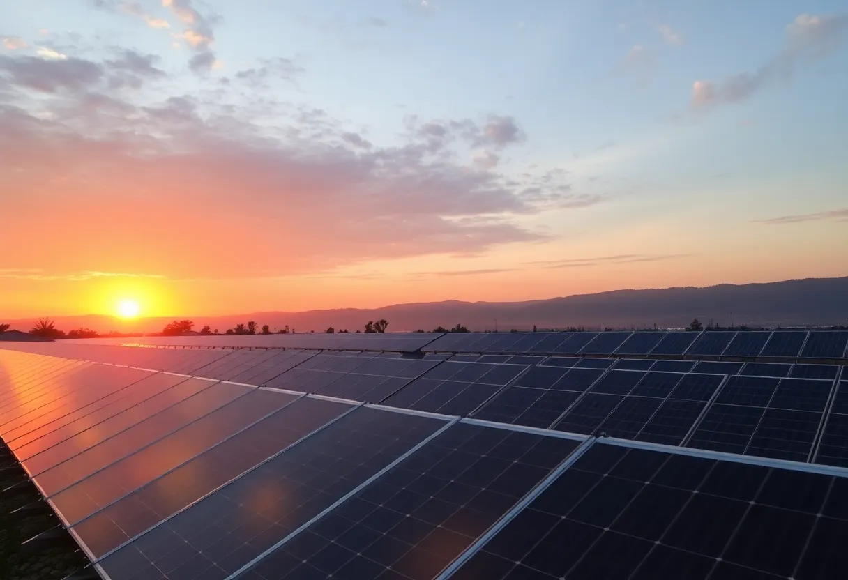 Solar panels in California under a sunset sky