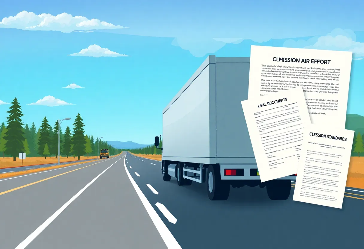 Truck on California highway with legal documents and emissions standards in background