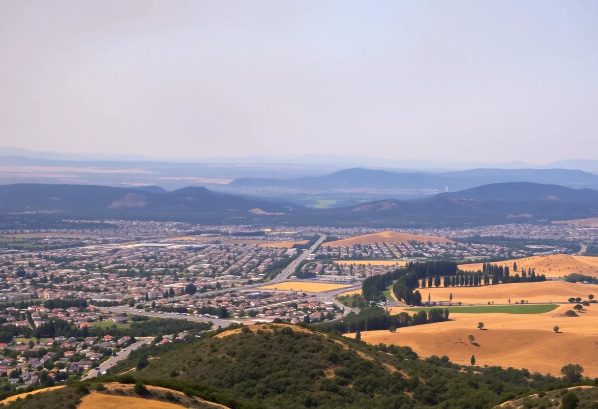 A landscape showcasing California's wildfire risk areas with green forest and urban outskirts.