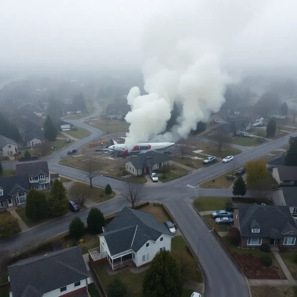 Emergency responders at the site of a Cessna plane crash in a residential area