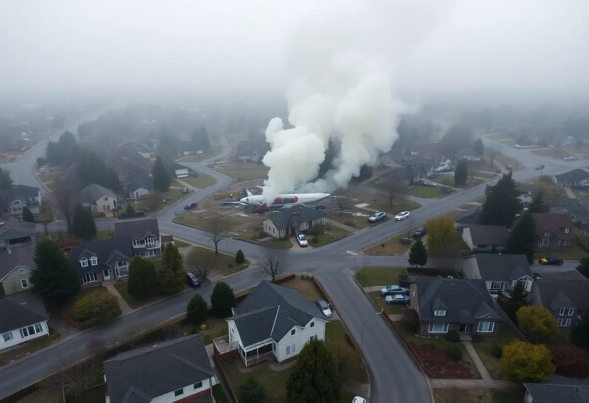 Emergency responders at the site of a Cessna plane crash in a residential area