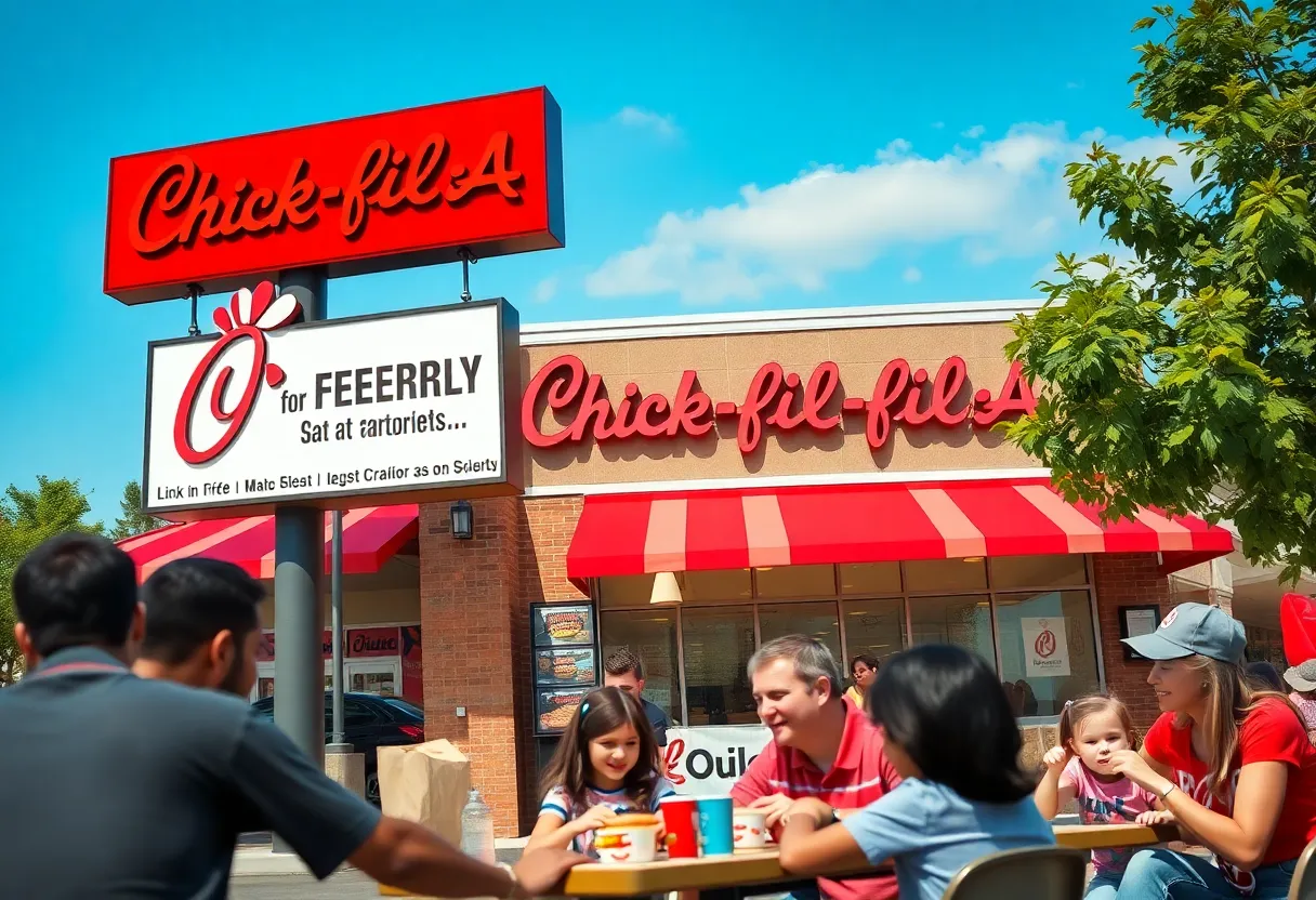 Chick-fil-A sandwich promotional display with customers enjoying meals.