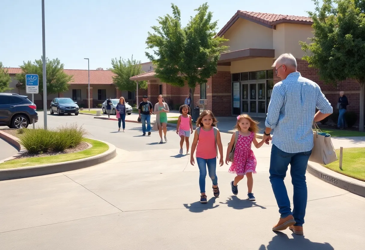 Parents and children at a school drop-off in Chula Vista