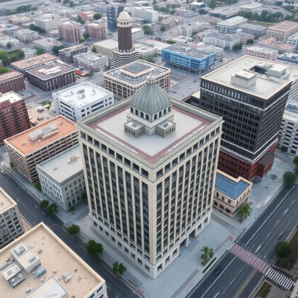 Aerial view of the City Operations Building in downtown San Diego