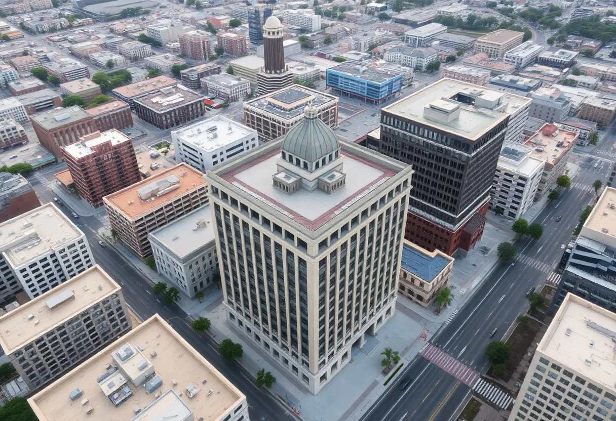 Aerial view of the City Operations Building in downtown San Diego