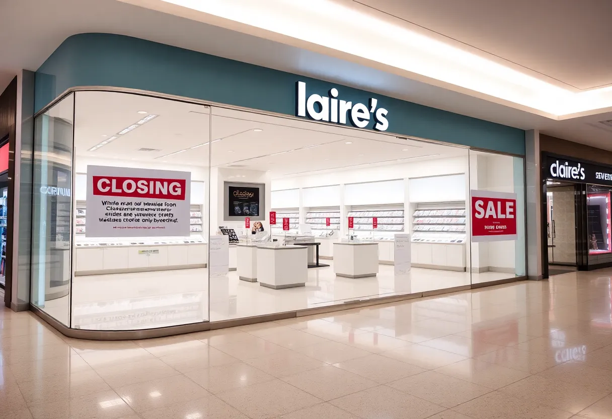 Claire's store with sale signage and empty shelves