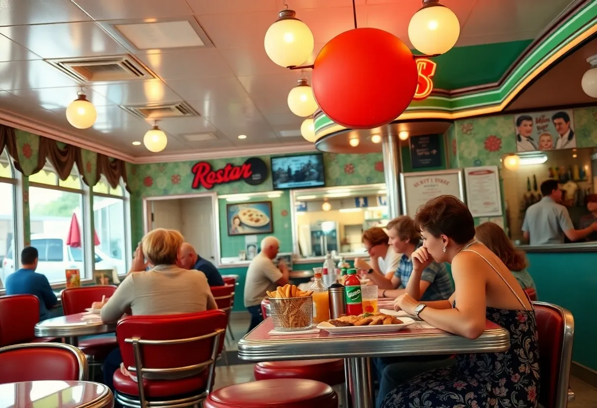 A nostalgic diner in San Diego with customers enjoying their meals.