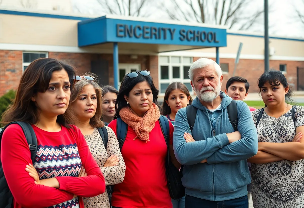 Parents expressing concern outside an elementary school