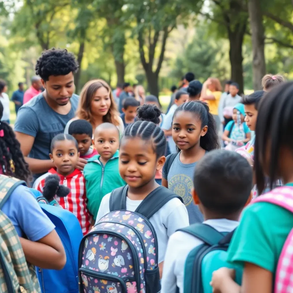 Families at a community event receiving school supplies and haircuts.