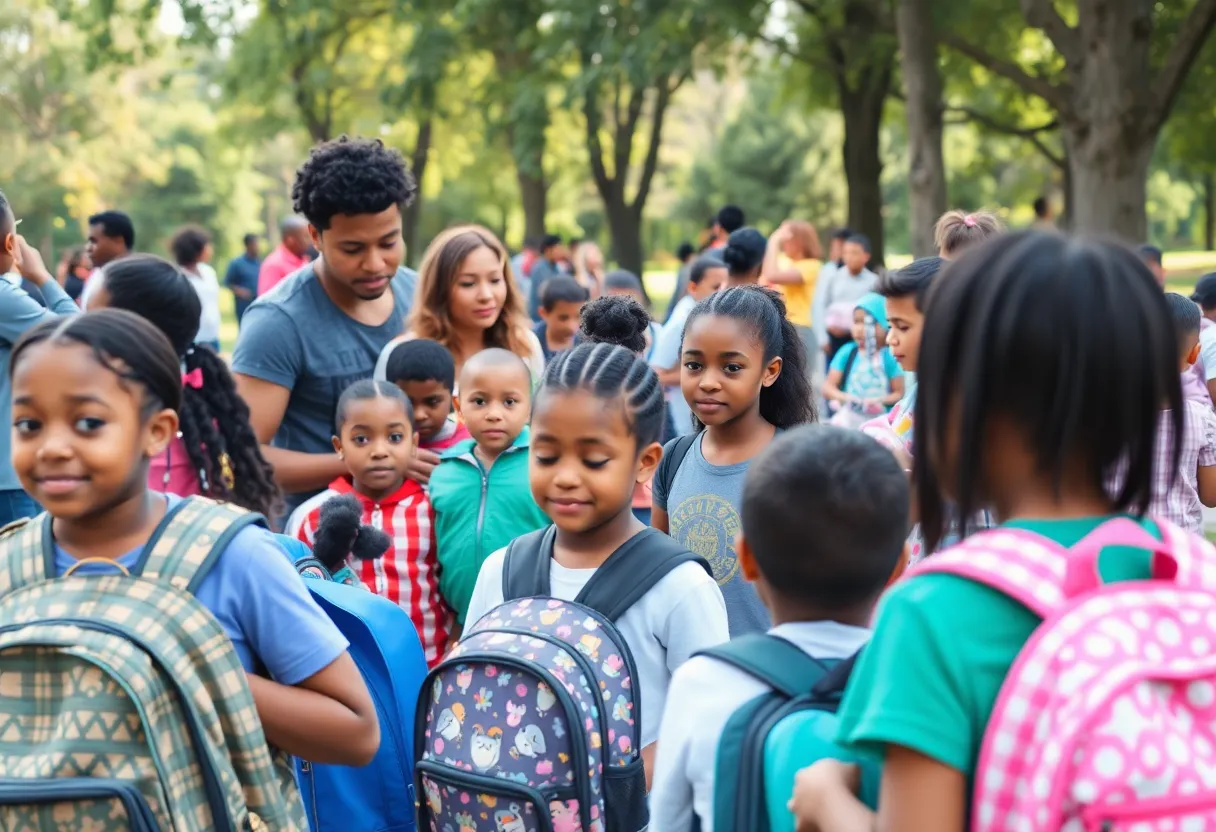 Families at a community event receiving school supplies and haircuts.