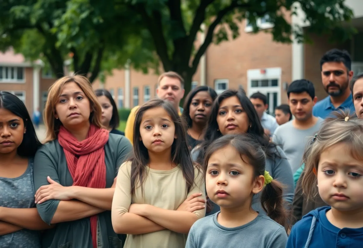 Community members gathered outside a school in concern over ICE detainment.