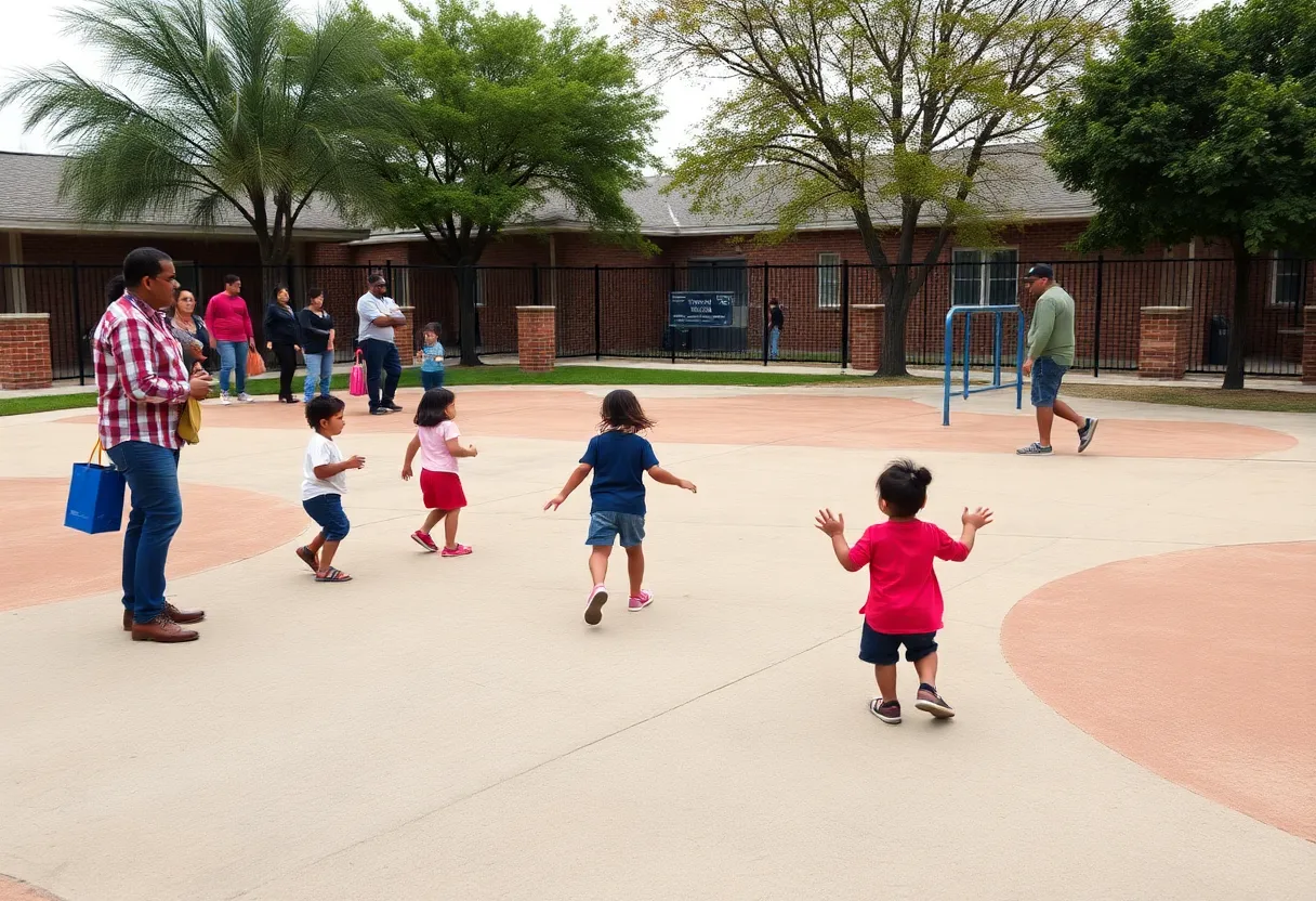 Children playing at school playground with concerned parents in background