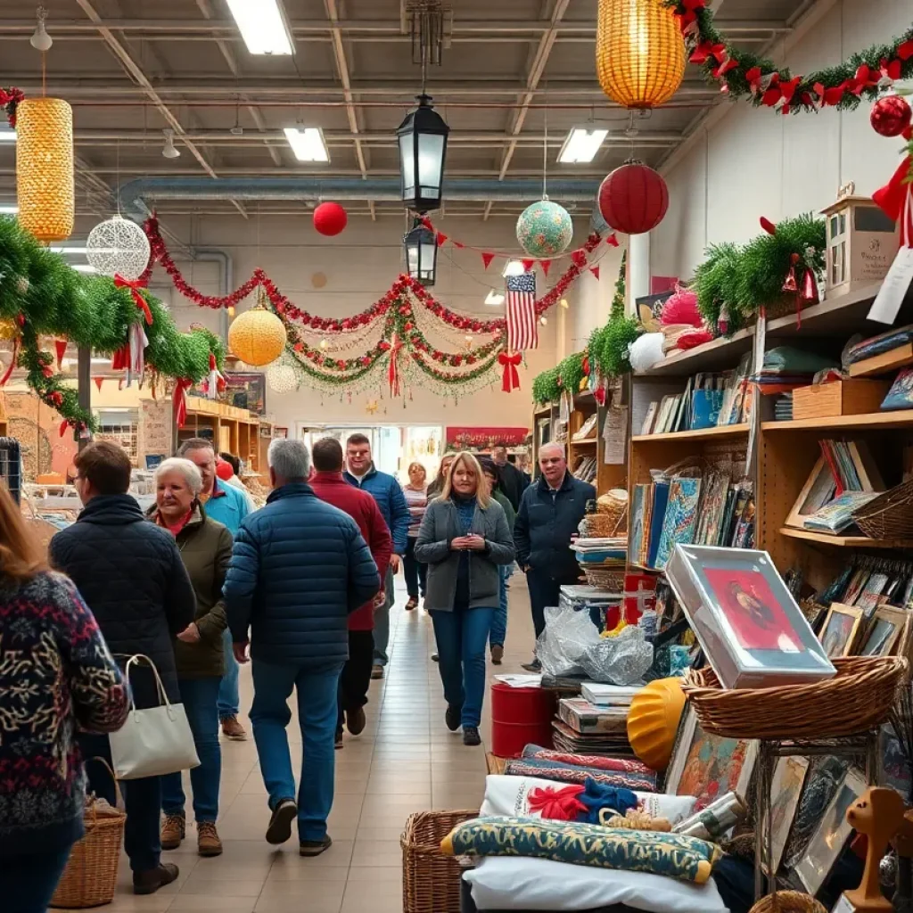 Celebration at Home Start's Thrift Boutique with shoppers and decorations