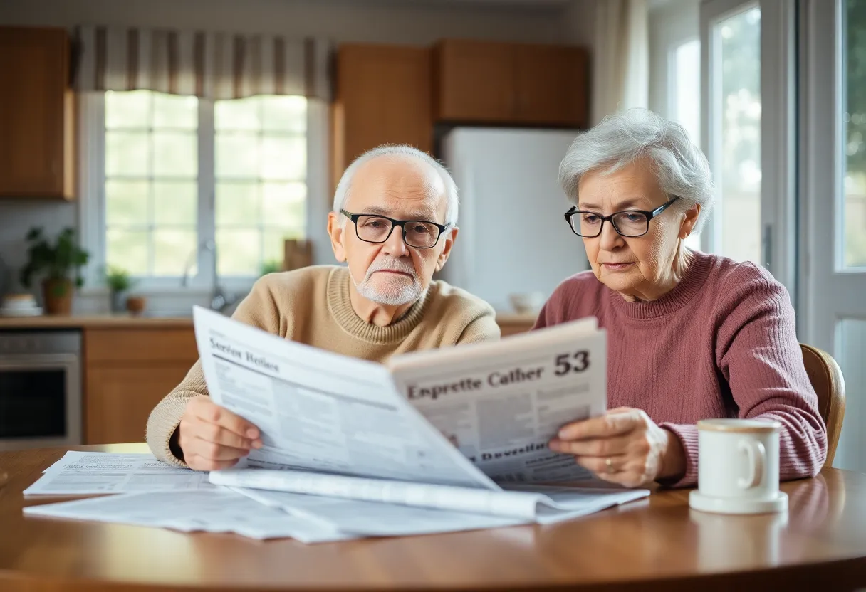 Elderly couple looking worried while reviewing subscription bills