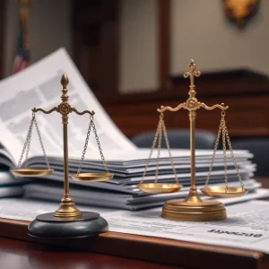 Image depicting a courtroom with legal documents related to a fraud case.