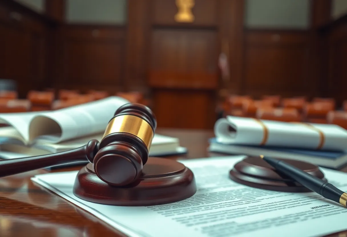 A courtroom featuring legal documents and a gavel, representing a significant copyright infringement lawsuit.
