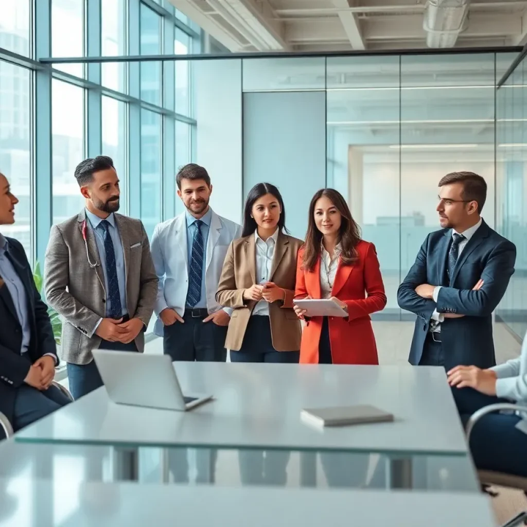 Employees at Dexcom discussing future strategies in an office setting.