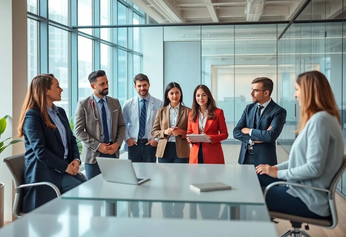 Employees at Dexcom discussing future strategies in an office setting.