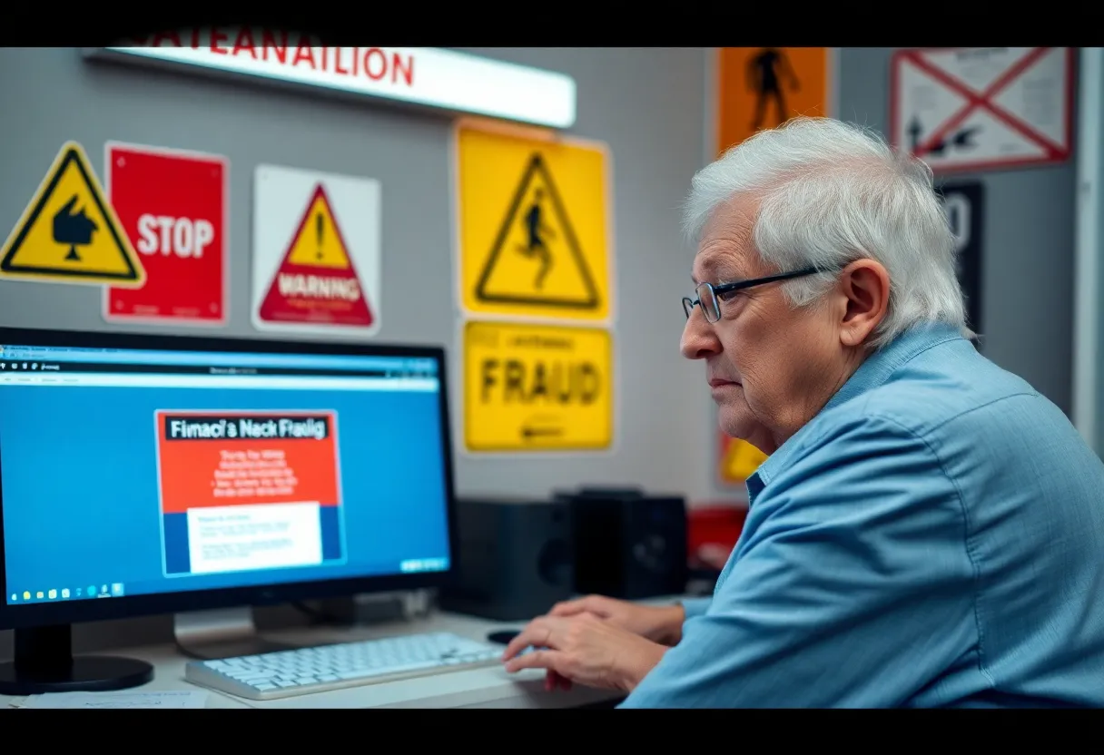 An elderly person looking concerned while using a computer, symbolizing the threat of financial scams.