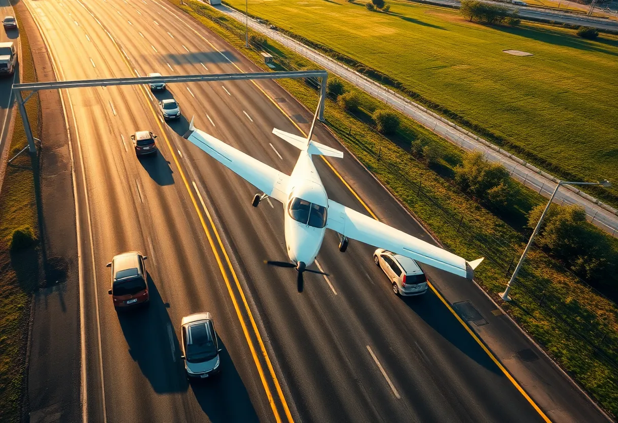 Light aircraft emergency landing on a busy freeway