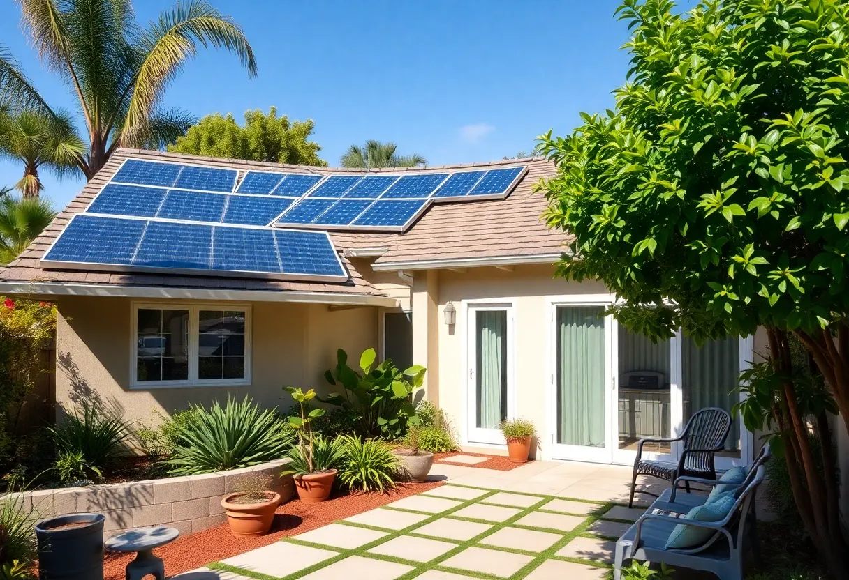 A modern San Diego house focusing on energy efficiency features such as solar panels and energy-saving windows.