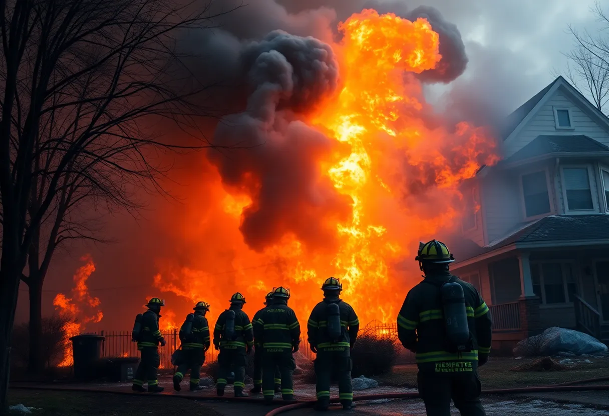 Firefighters extinguishing flames at a garage fire in San Diego