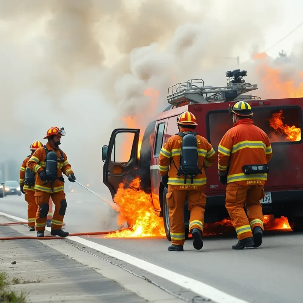 Firefighters working to extinguish a vehicle fire on the interstate