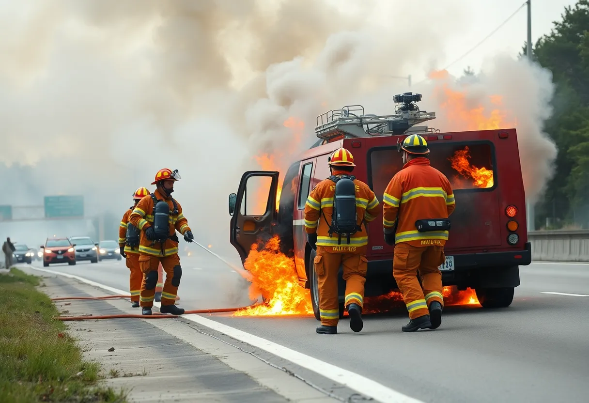 Firefighters working to extinguish a vehicle fire on the interstate
