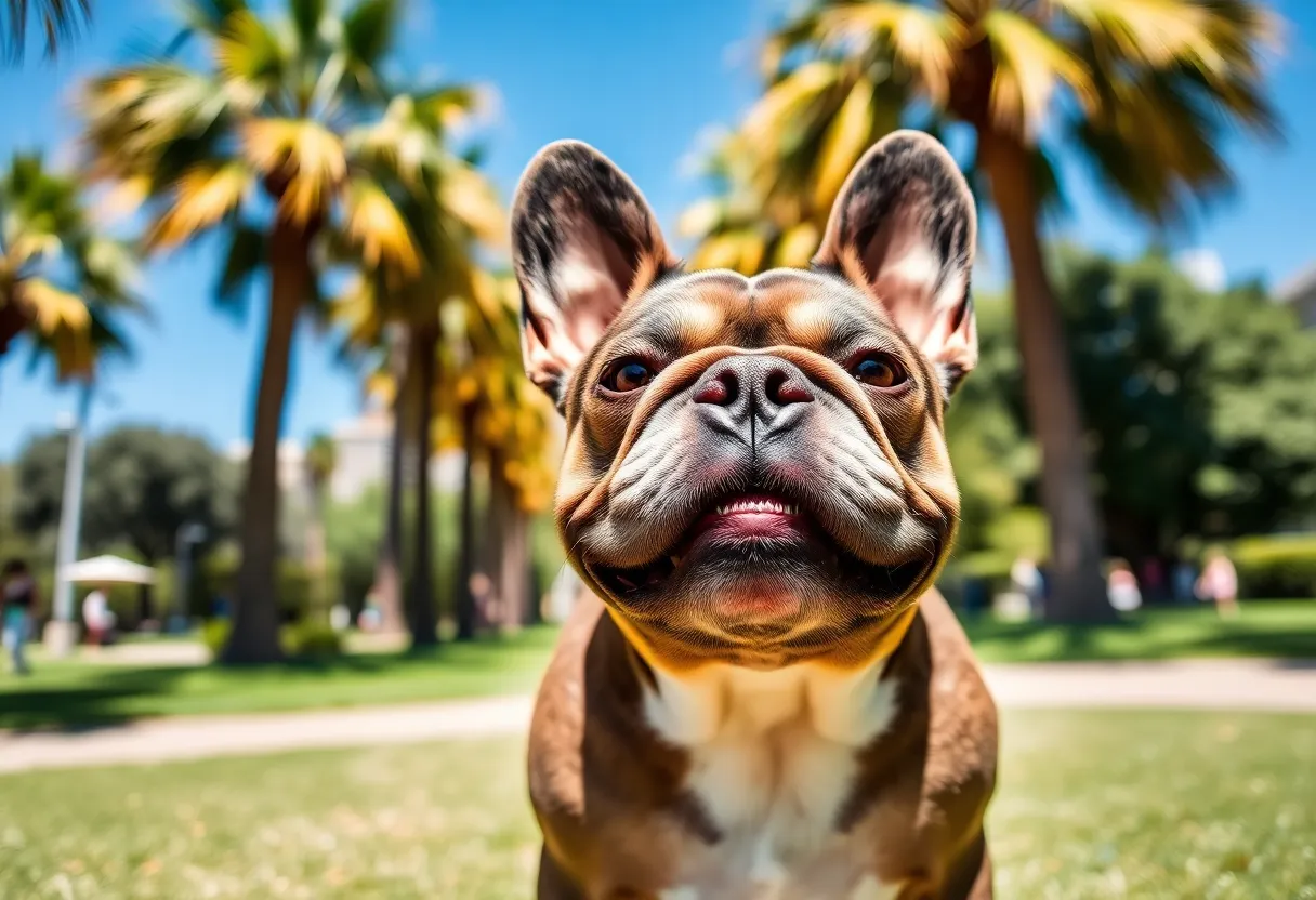 A French bulldog playing in a park in San Diego, California.