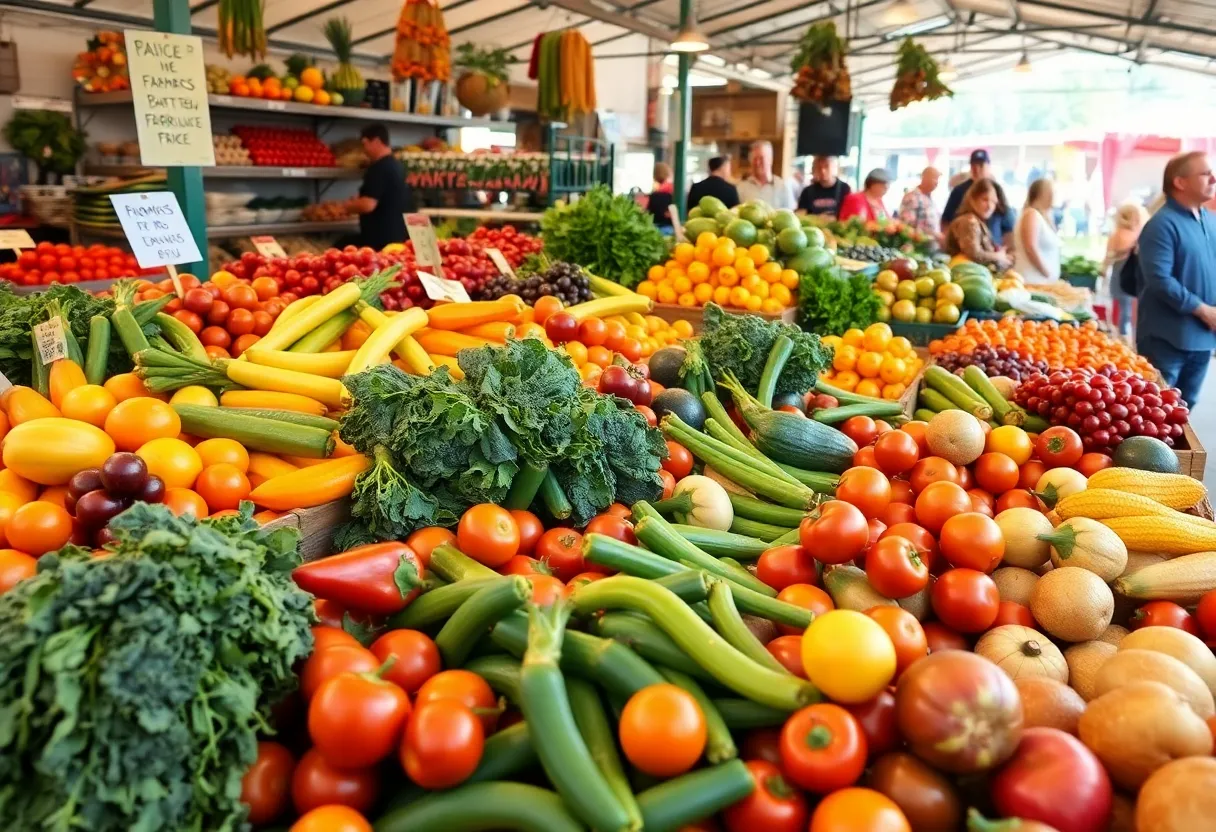 Locally sourced fruits and vegetables displayed at a marketplace in San Diego.