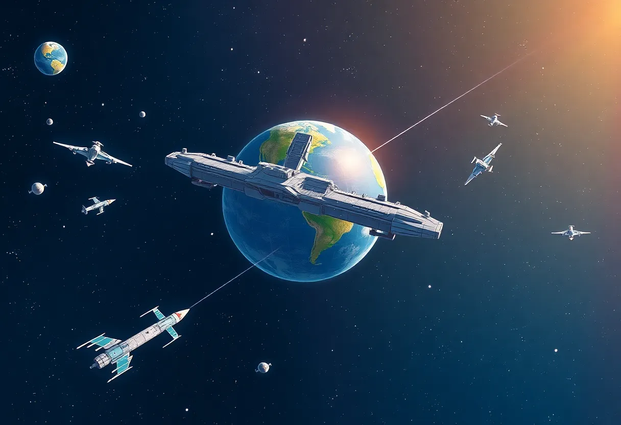 Illustration of a futuristic commercial space station orbiting Earth with spacecraft.