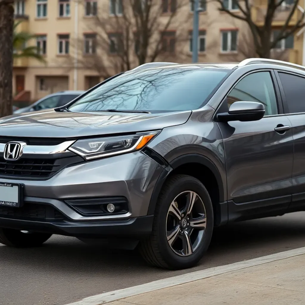 A gray Honda SUV with black rims parked after a hit-and-run accident in San Diego.