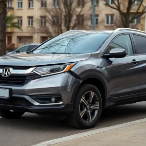 A gray Honda SUV with black rims parked after a hit-and-run accident in San Diego.