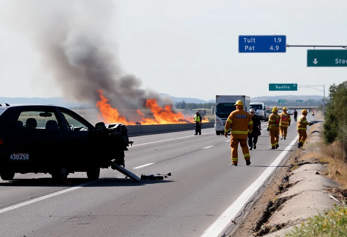 Crash scene on the I-5 Freeway with emergency responders and fire