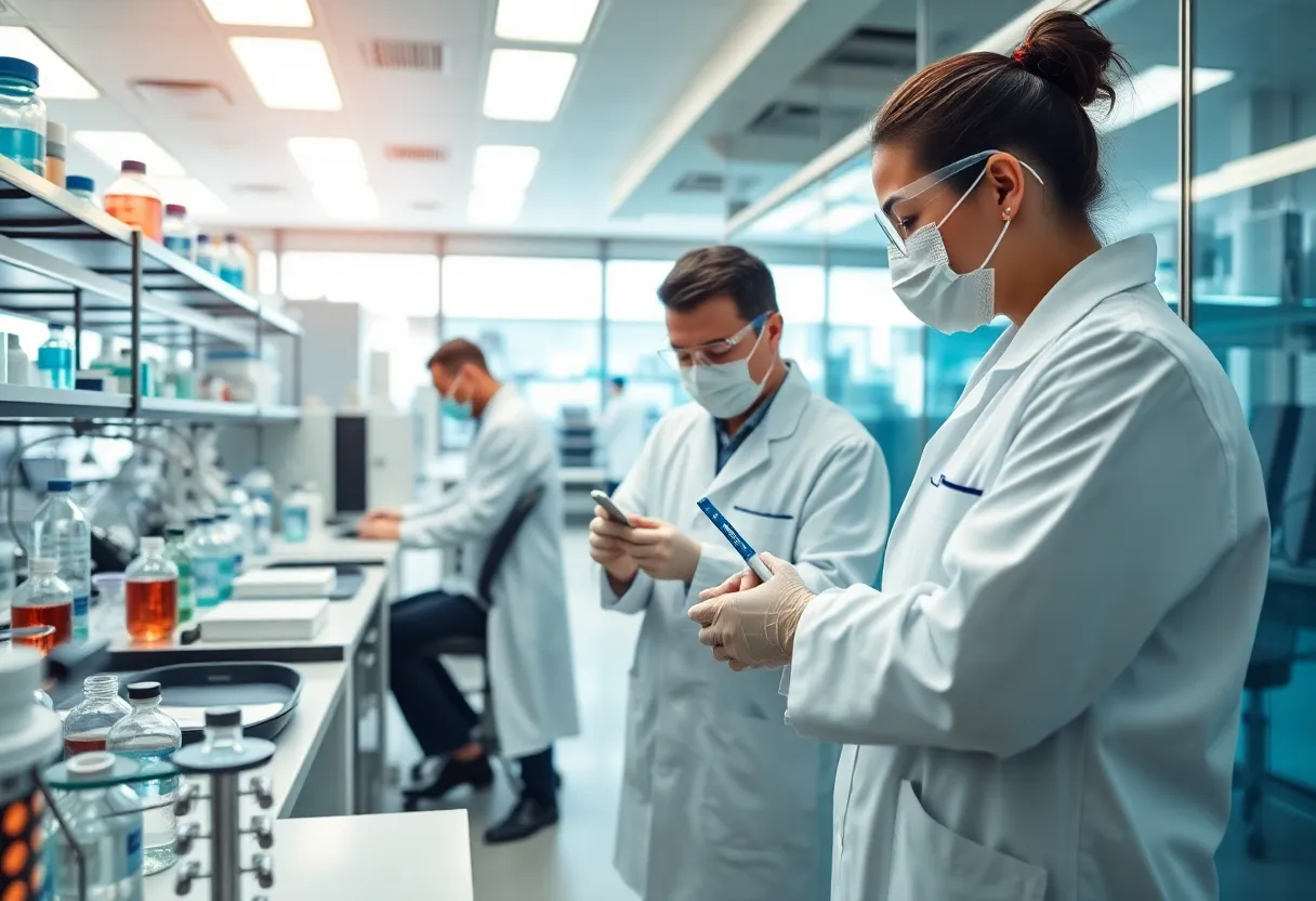 Biopharmaceutical research team developing cancer therapies
