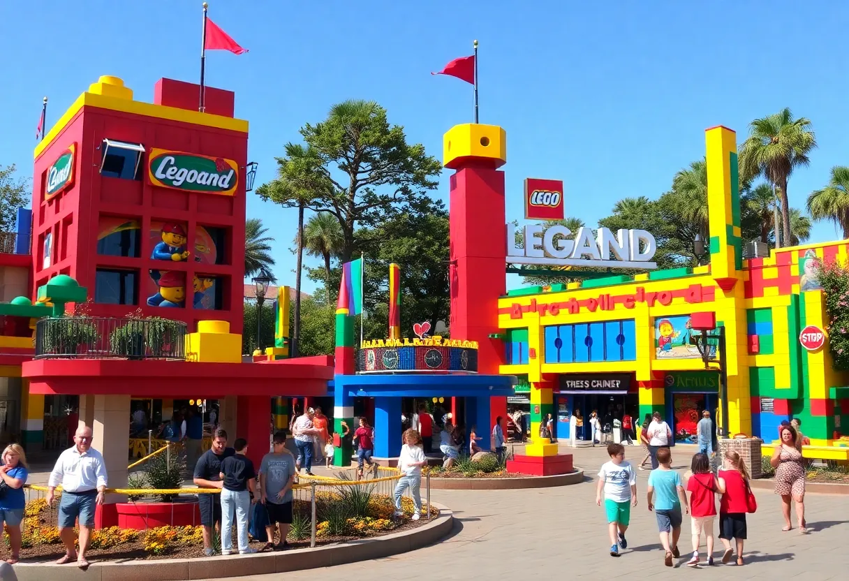 Families enjoying the rides and attractions at Legoland California during summer.