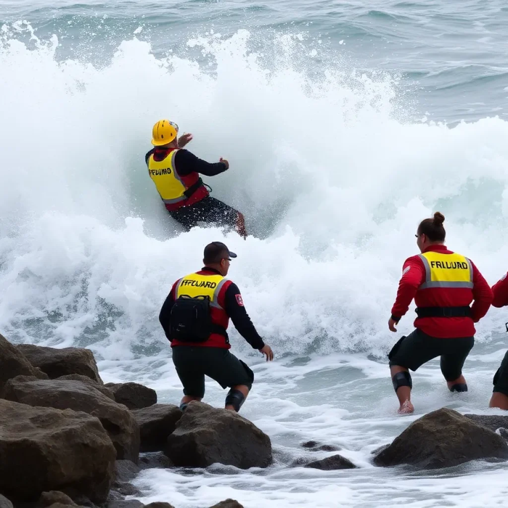 Lifeguards conducting a rescue operation during high surf