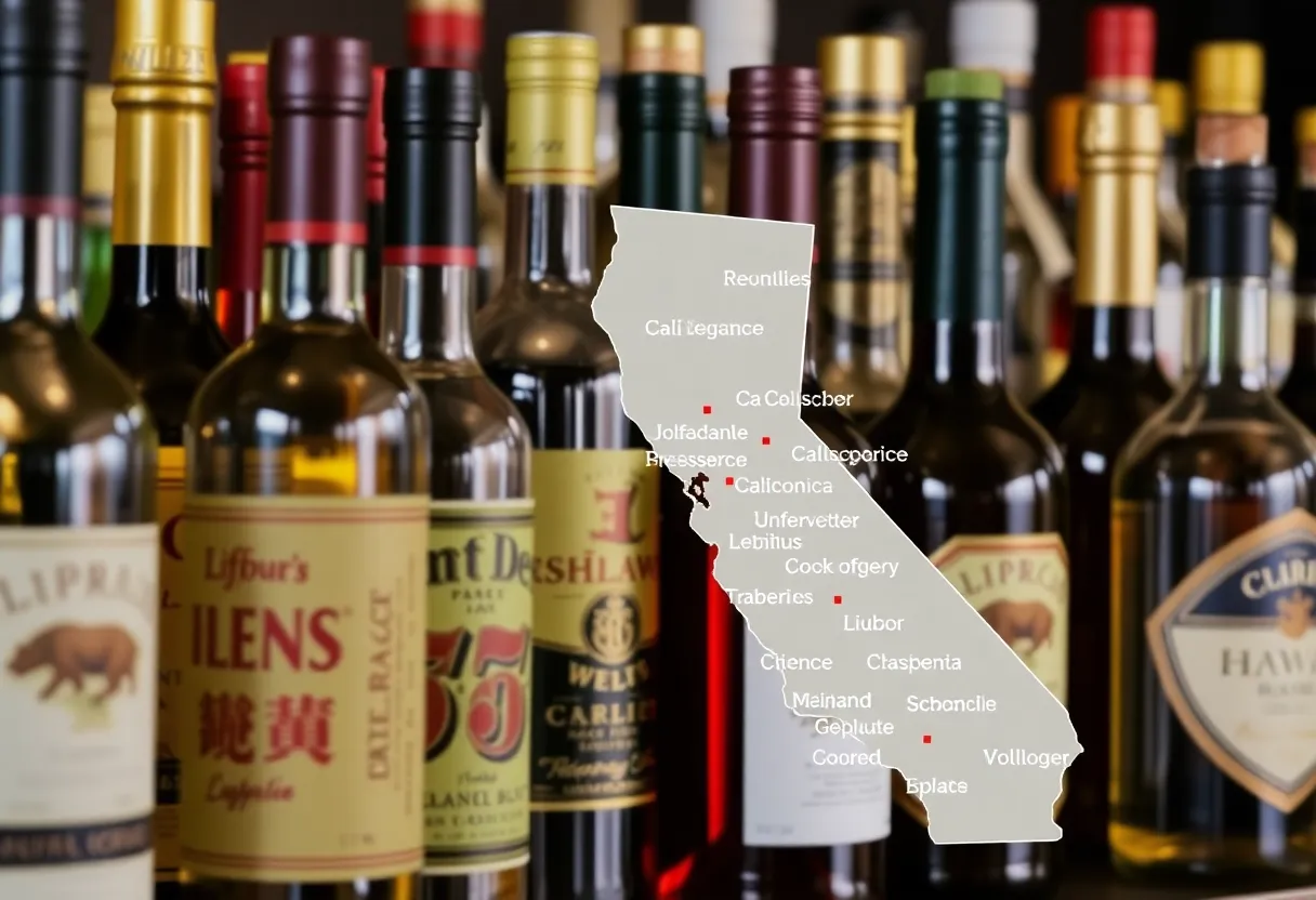 A collection of liquor bottles in front of a California map