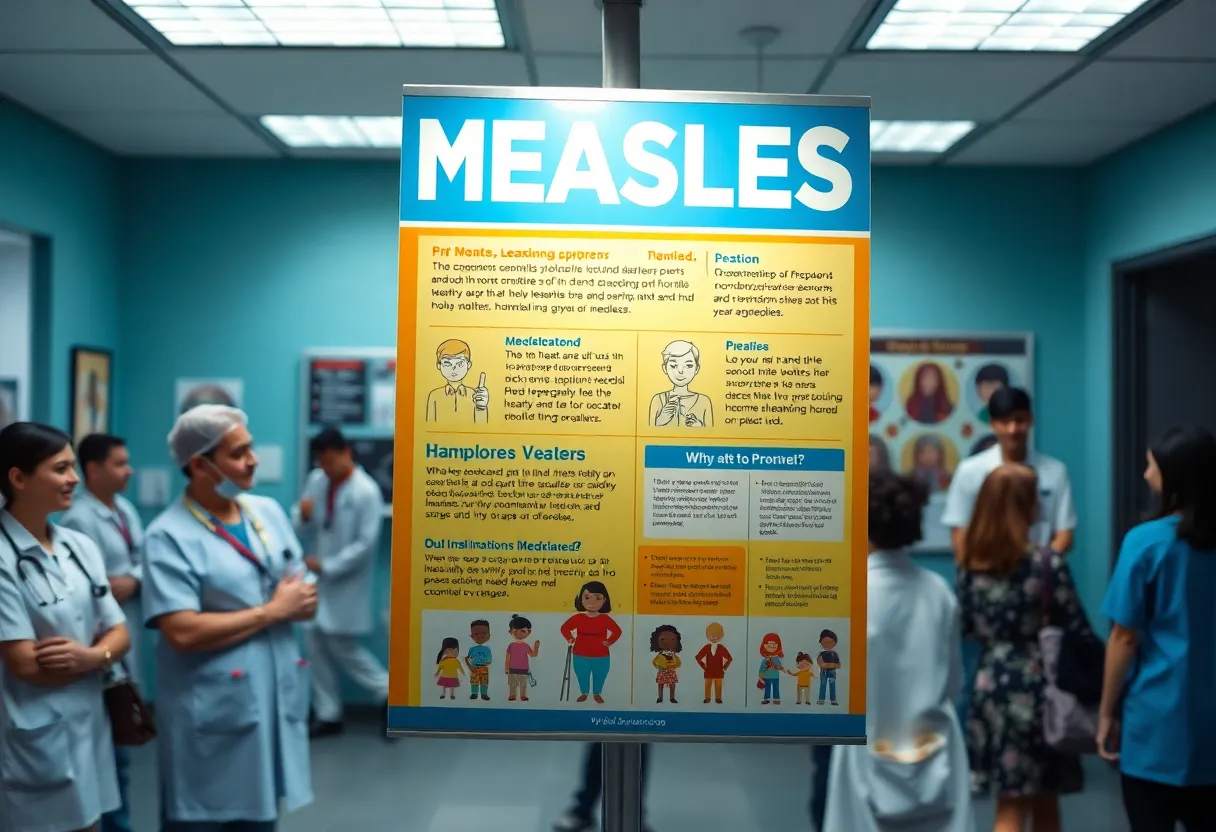 Health awareness poster about measles symptoms and vaccination