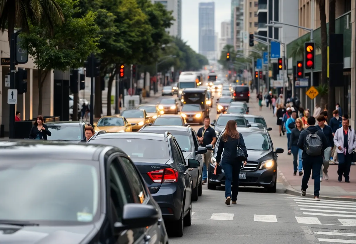 Busy street in San Diego showing pedestrians and traffic