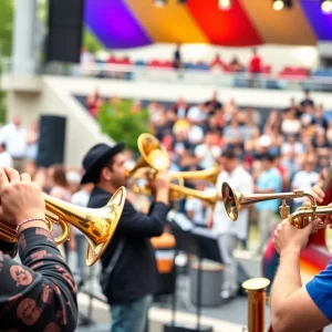 Illustration of a jazz concert with trumpet players in an outdoor venue.