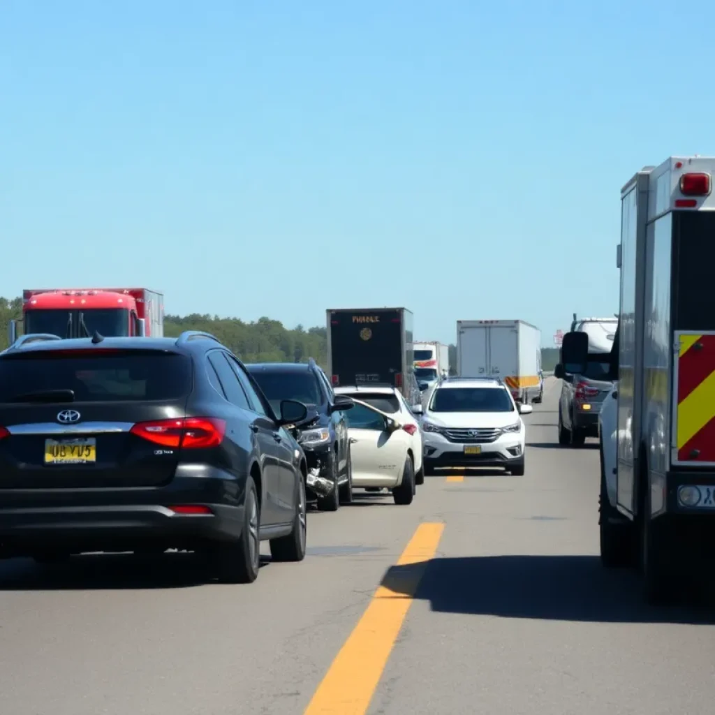 Scene of a multi-vehicle crash on a highway with emergency responders