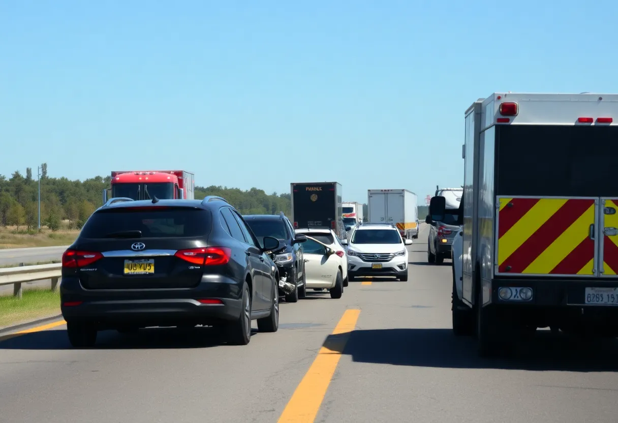 Scene of a multi-vehicle crash on a highway with emergency responders