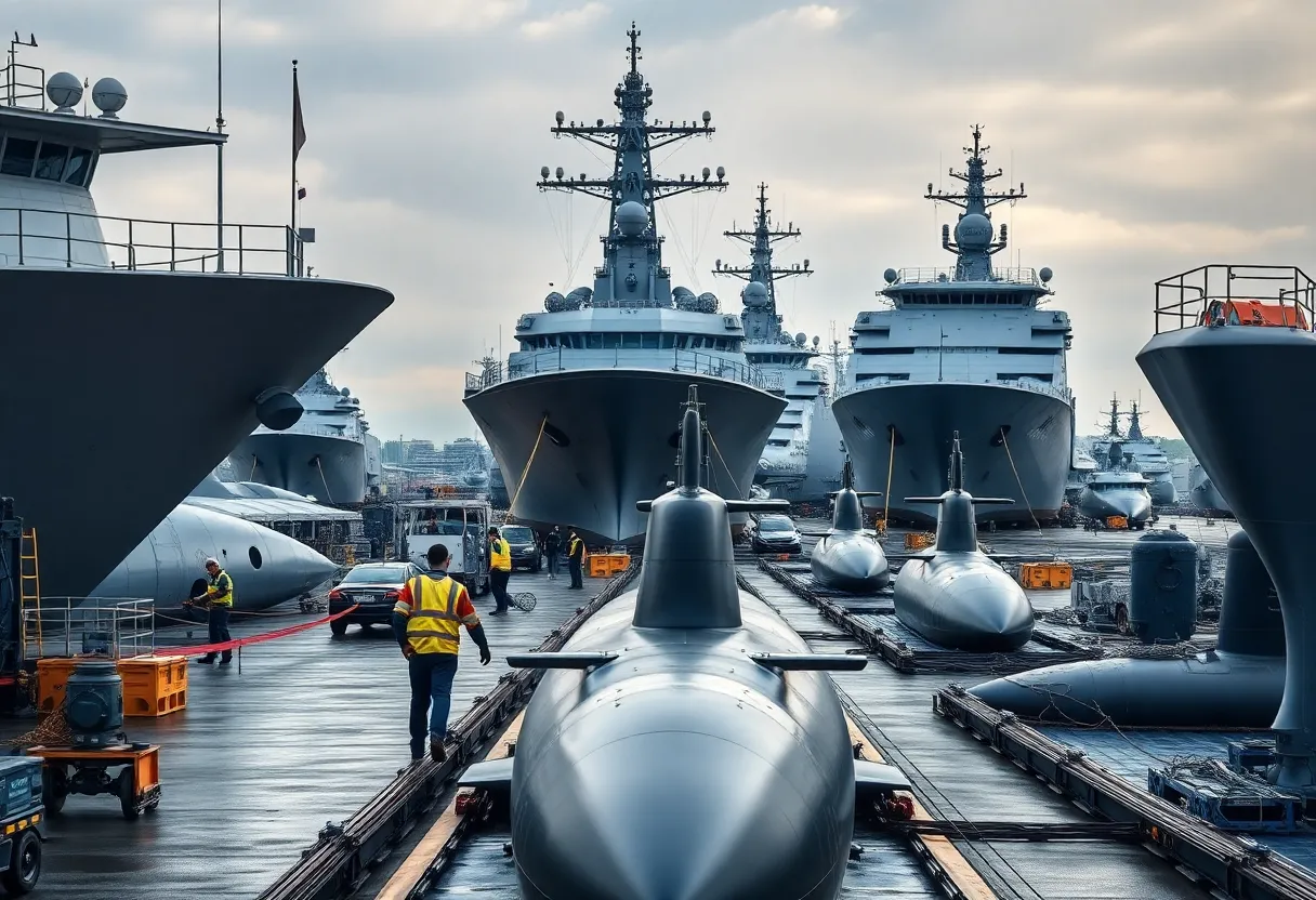 Naval shipyard with maintenance workers and amphibious ships.