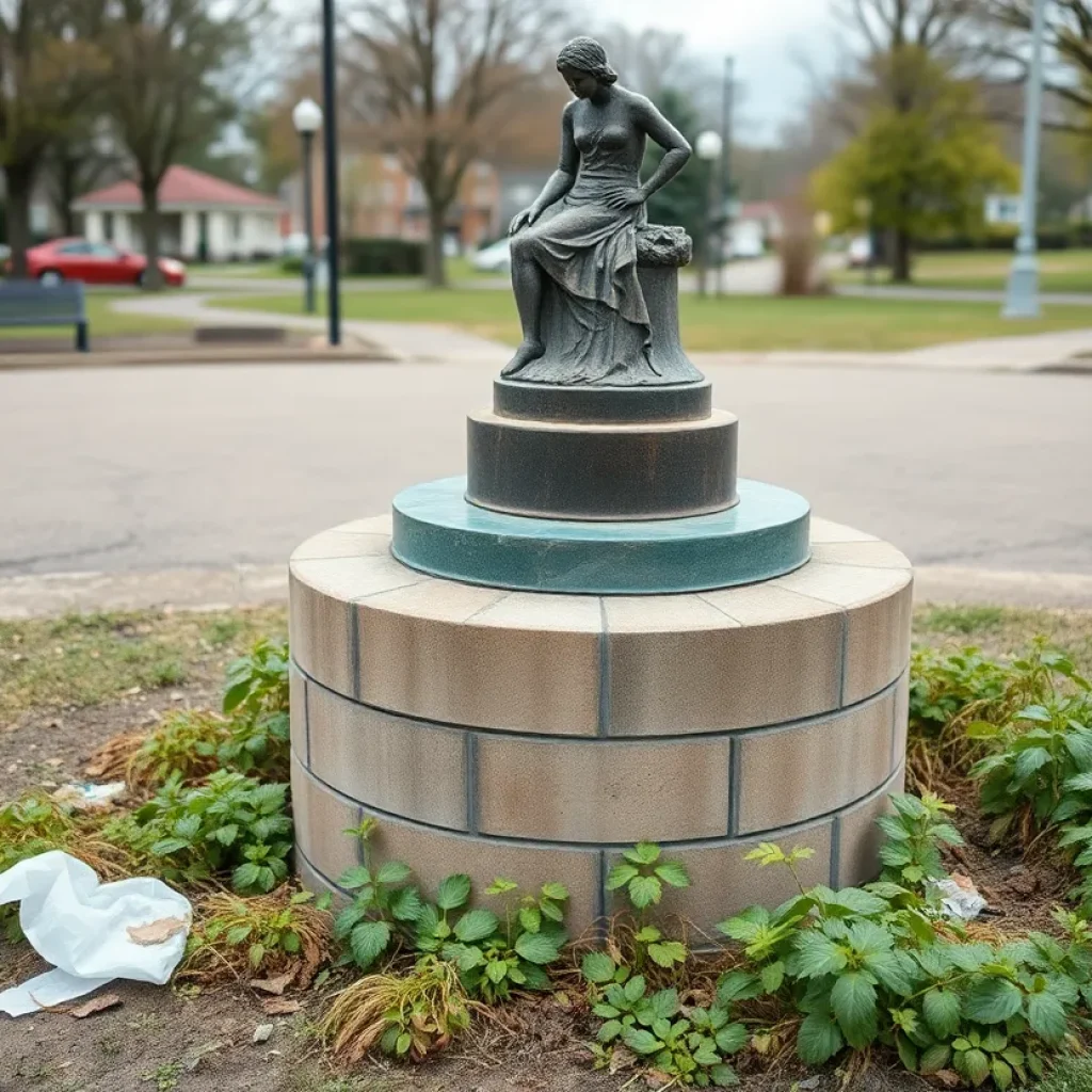 Neglected pedestal of 'The Black Family' sculpture in a community park.