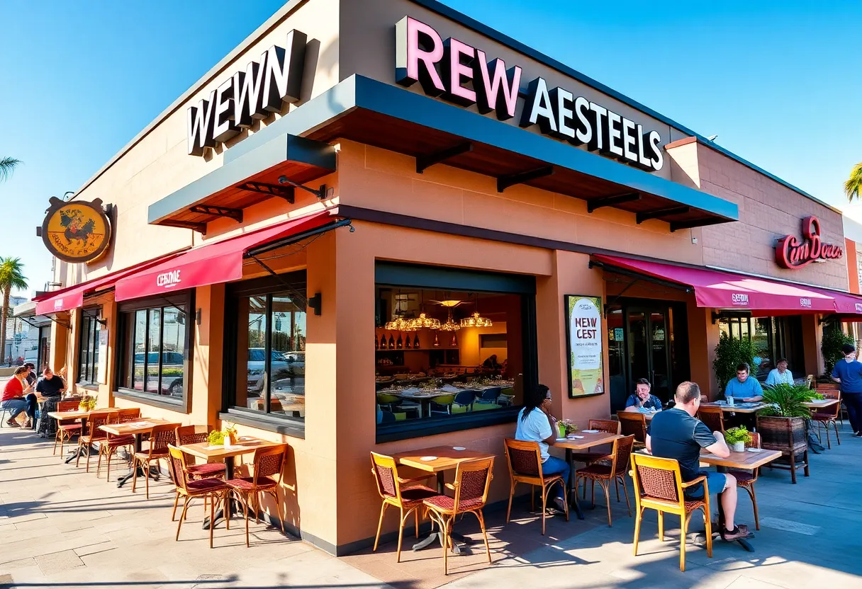 Exterior and interior views of new San Diego restaurants bustling with diners.