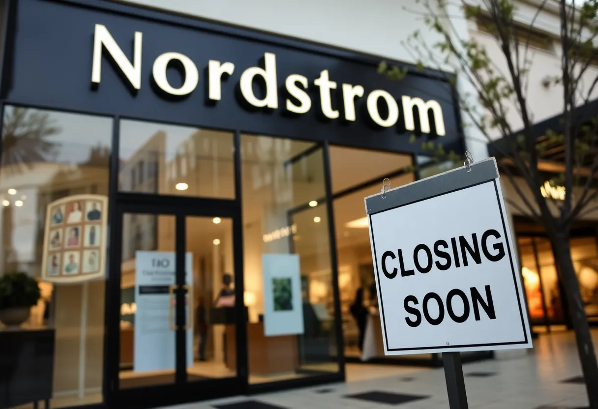 Exterior view of Nordstrom store with a sign indicating closure