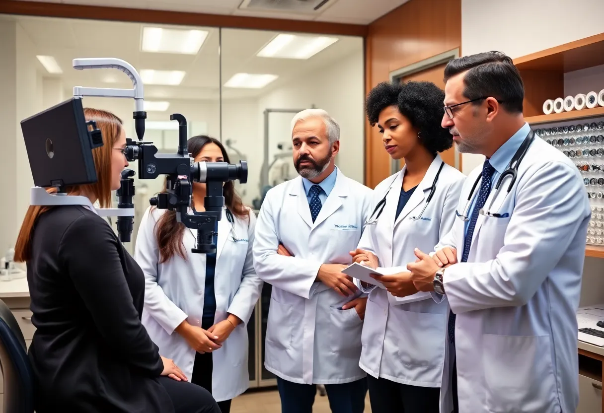 Optometrists discussing patient care in a clinic